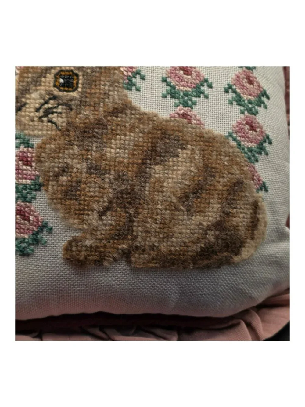 Vintage Bunny Rabbit Needlepoint Pillow Pink Ruffle Floral 10x10